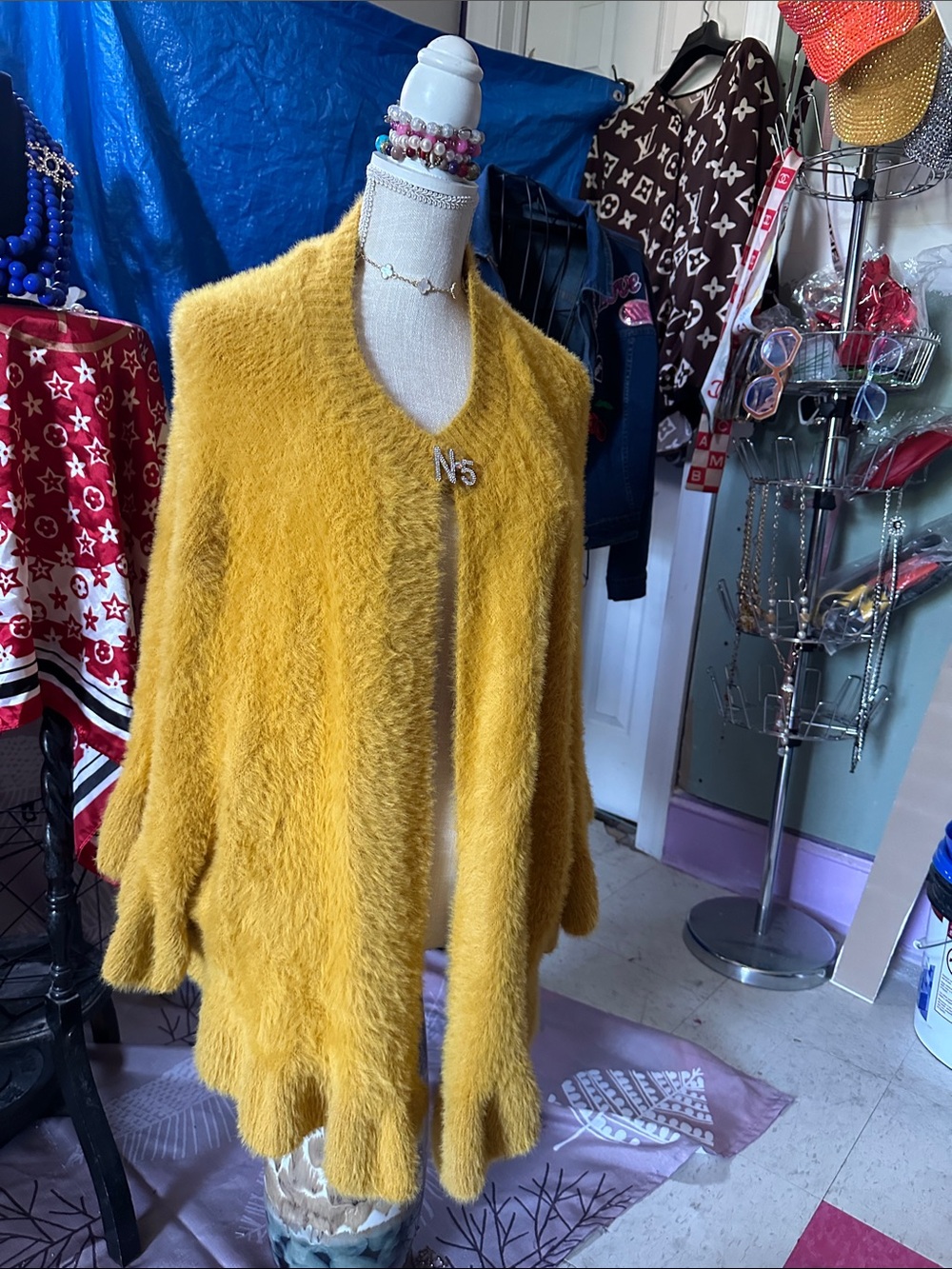 Mustard Yellow Fuzzy Open-Front Women's Coat